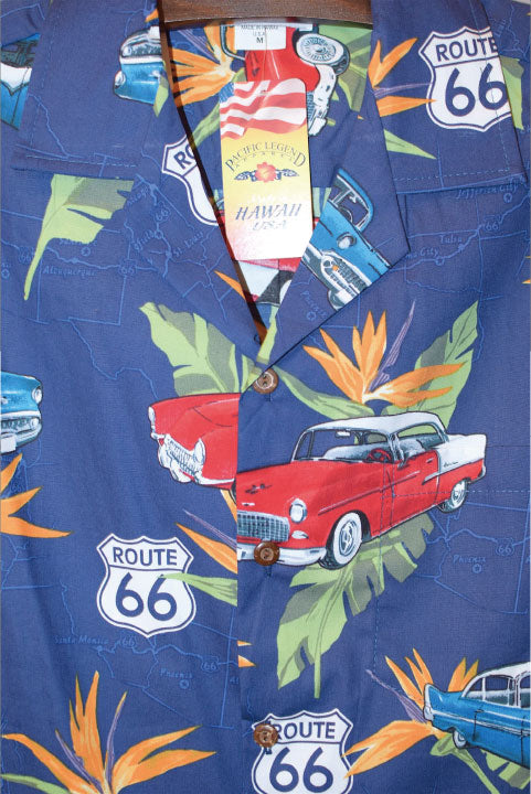 Pacific legend Aloha Shirts Route 66 Allover Navy パシフィック レジェンド アロハ シャツ Car 車