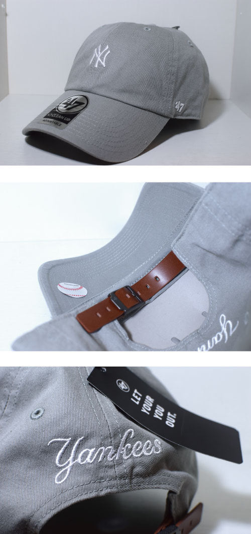 47 Brand(フォーティーセブンブランド) New York Yankees Ball Cap Small Logo Leather Belt Grey White レザー バック スモール ロゴ Round 6 Panel メンズ ユニセックス ラウンド キャップ MLB メジャー スポーツ ヤンキース
