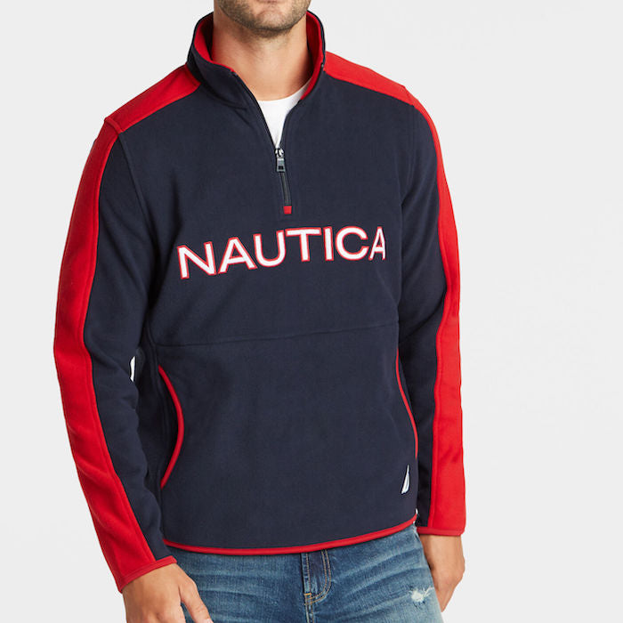 1/4 Zip Logo Line Fleece Mock Neck Navy Red ワンポイント 袖ライン フリース