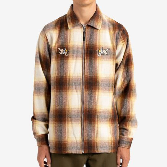 Angels Heavyweight Plaid Shirts Jacket エンジェル プレイド シャツ ジャケット ジップ Brown Taupe ブラウン