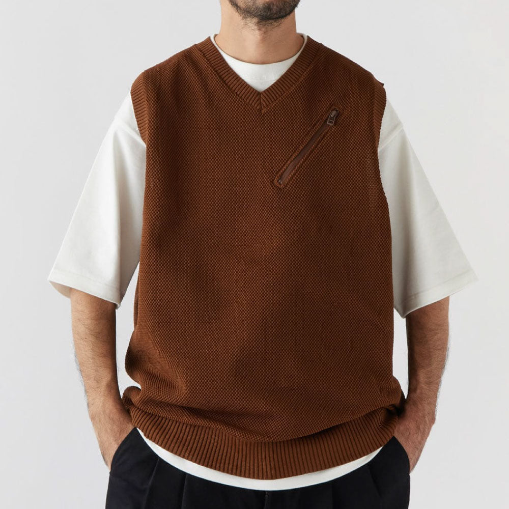 Kanokost V- Neck Vest カノコ Vネック ベスト ジップ ポケット Brown