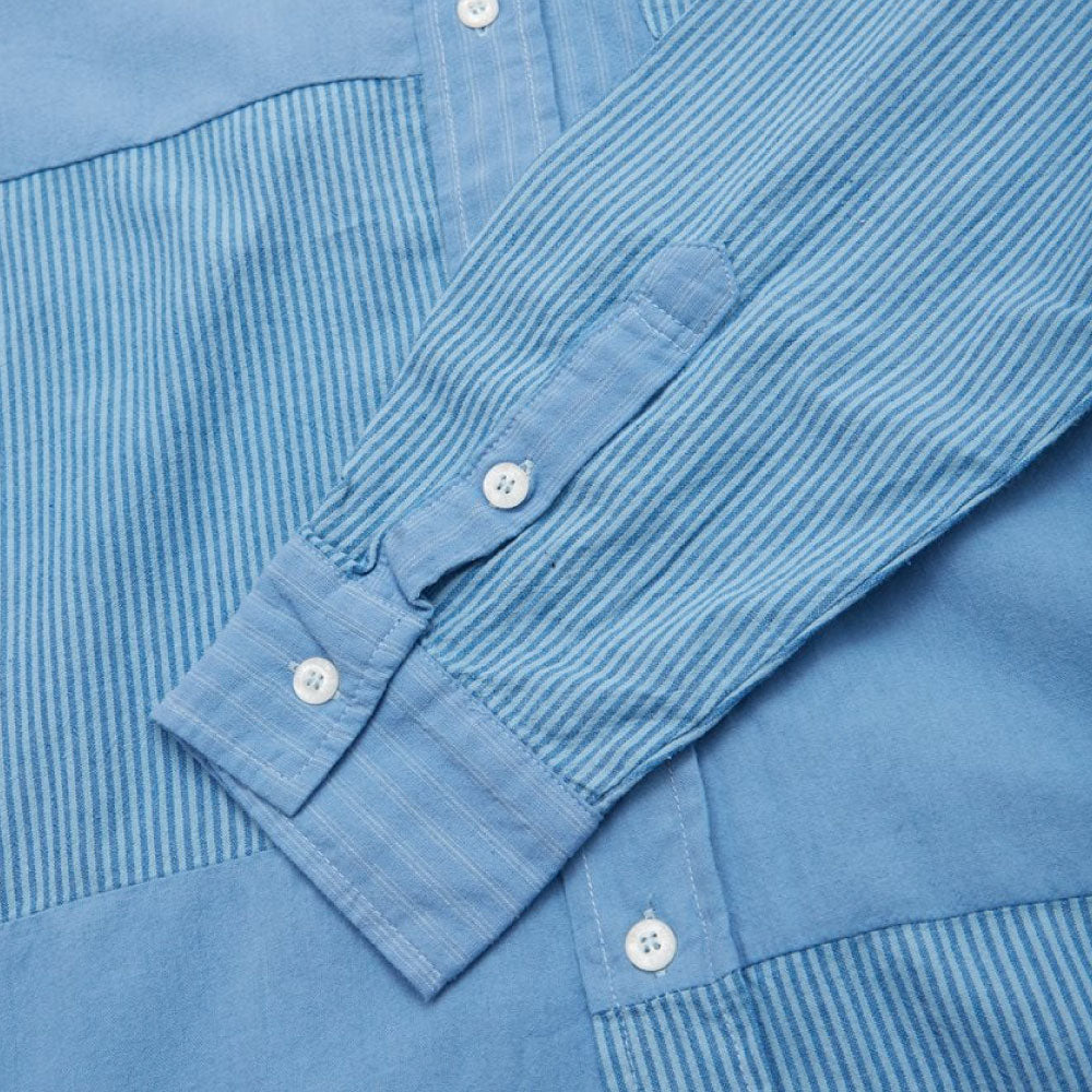 Patchwork Plaid L/S Stripe Shirt Overdye BLU パッチワーク ストライプ 長袖 シャツ