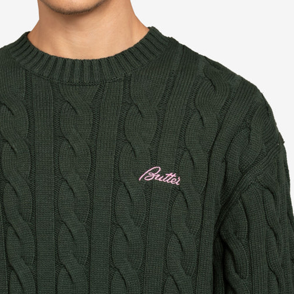 Cable Knit One Point Sweater クルーネック ニット セーター Forest Green