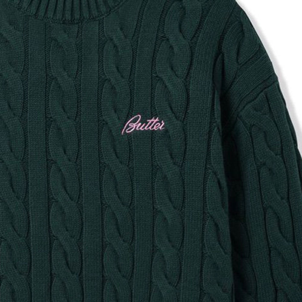 Cable Knit One Point Sweater クルーネック ニット セーター Forest Green