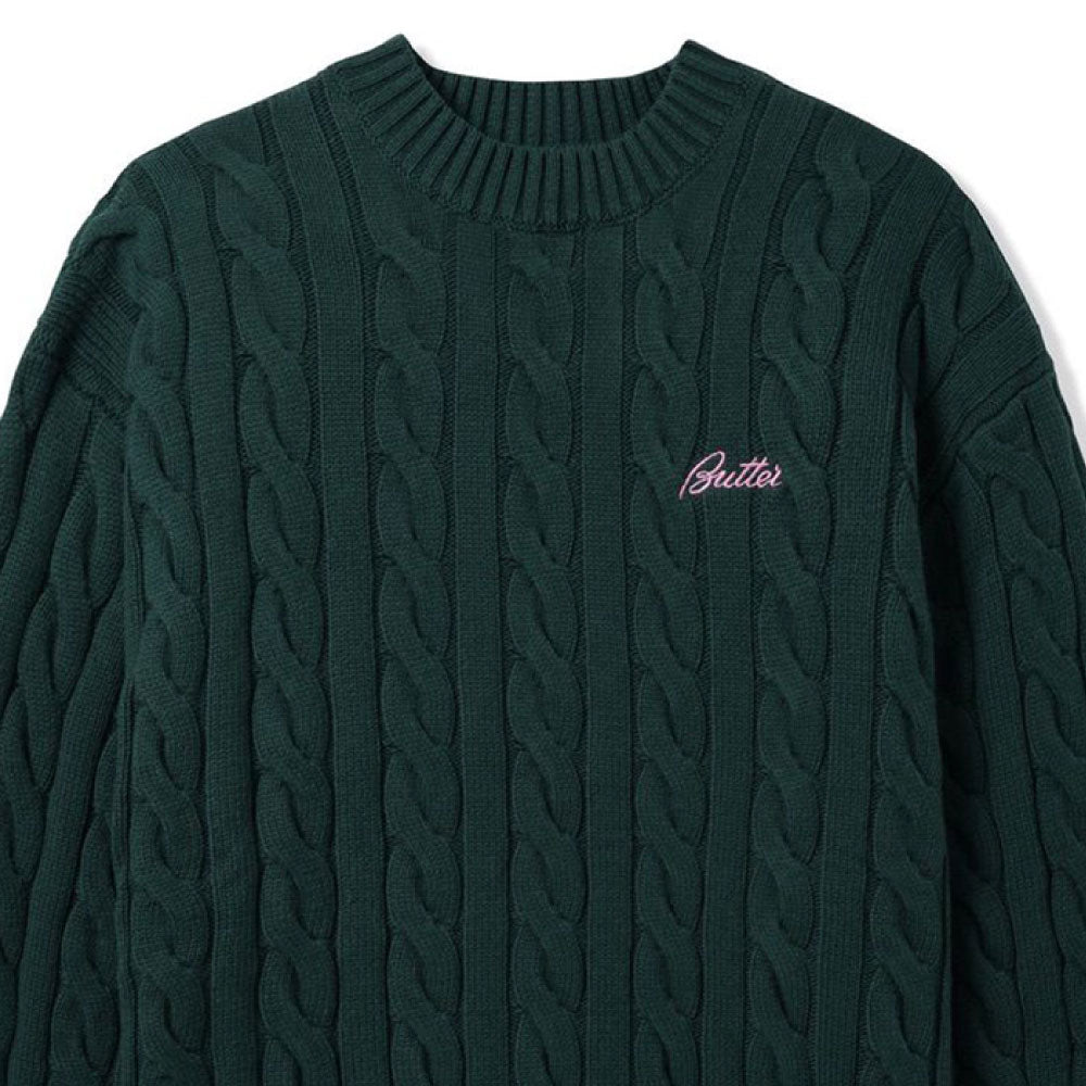 Cable Knit One Point Sweater クルーネック ニット セーター Forest Green