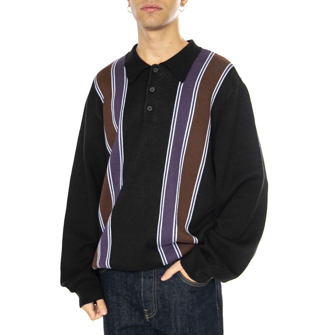 ARLO Knit Polo L/S Shirt Stripe Jacquard BLK コットン ニット 長袖 ストライプ ポロ シャツ