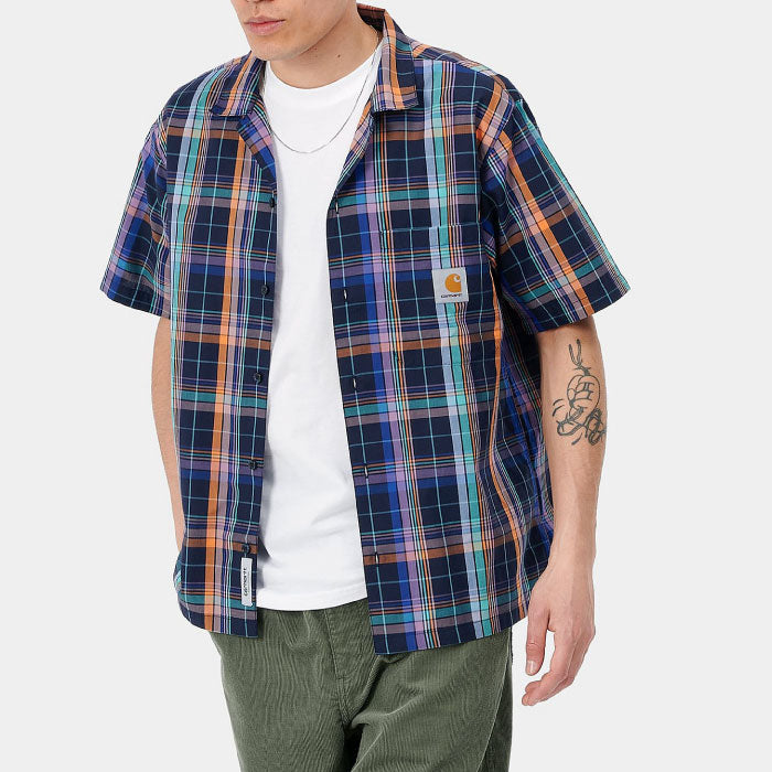 Vilay Check S/S Shirts オープン カラー チェック柄 半袖 シャツ コットン ポプリン チェスト ポケット Cロゴ スクエア ラベル Dark Navy ネイビー