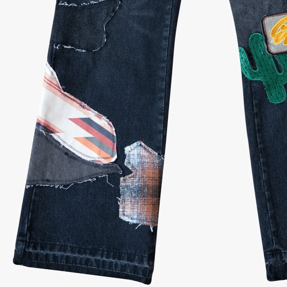 Patchwork Wappen Flare Denim Pants BLK パッチワーク ジーンズ ワッペン カスタム デニム フレア パンツ