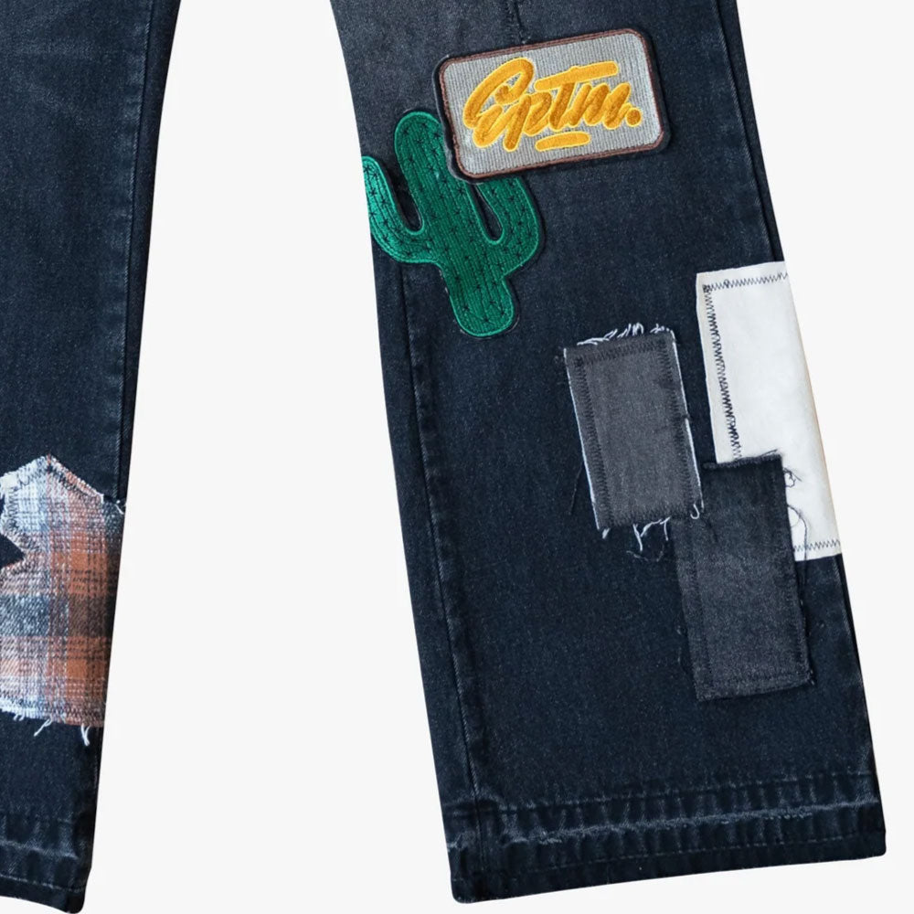 Patchwork Wappen Flare Denim Pants BLK パッチワーク ジーンズ ワッペン カスタム デニム フレア パンツ