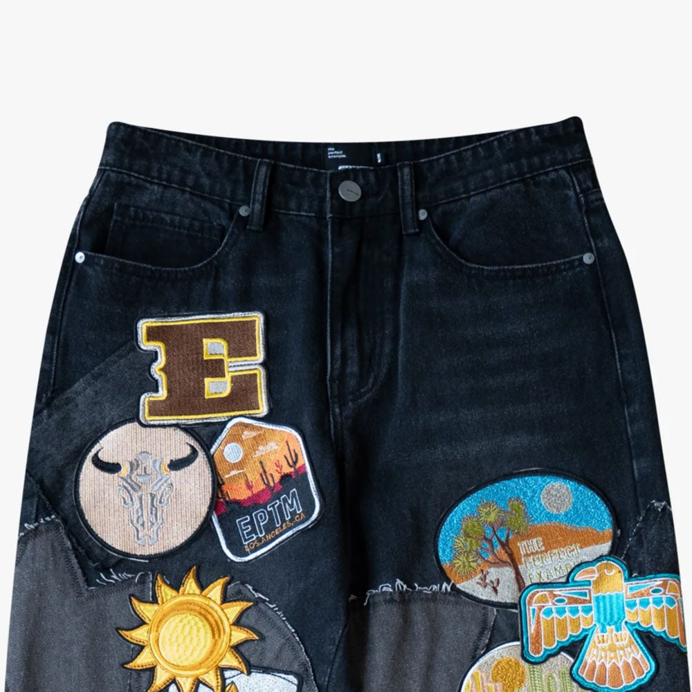 Patchwork Wappen Flare Denim Pants BLK パッチワーク ジーンズ ワッペン カスタム デニム フレア パンツ