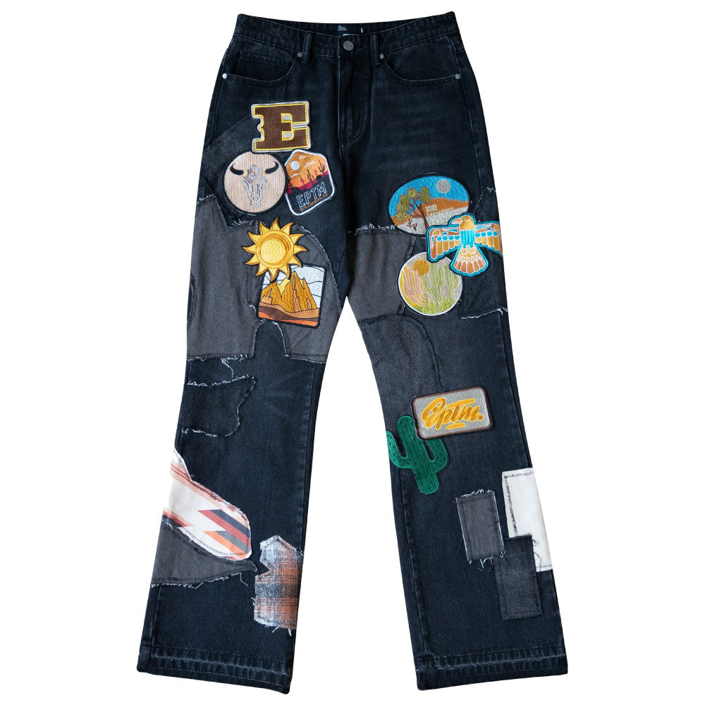 Patchwork Wappen Flare Denim Pants BLK パッチワーク ジーンズ ワッペン カスタム デニム フレア パンツ