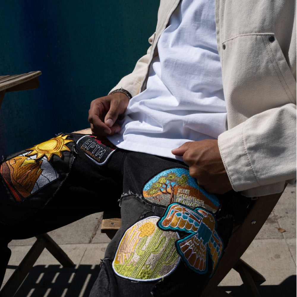 Patchwork Wappen Flare Denim Pants BLK パッチワーク ジーンズ ワッペン カスタム デニム フレア パンツ