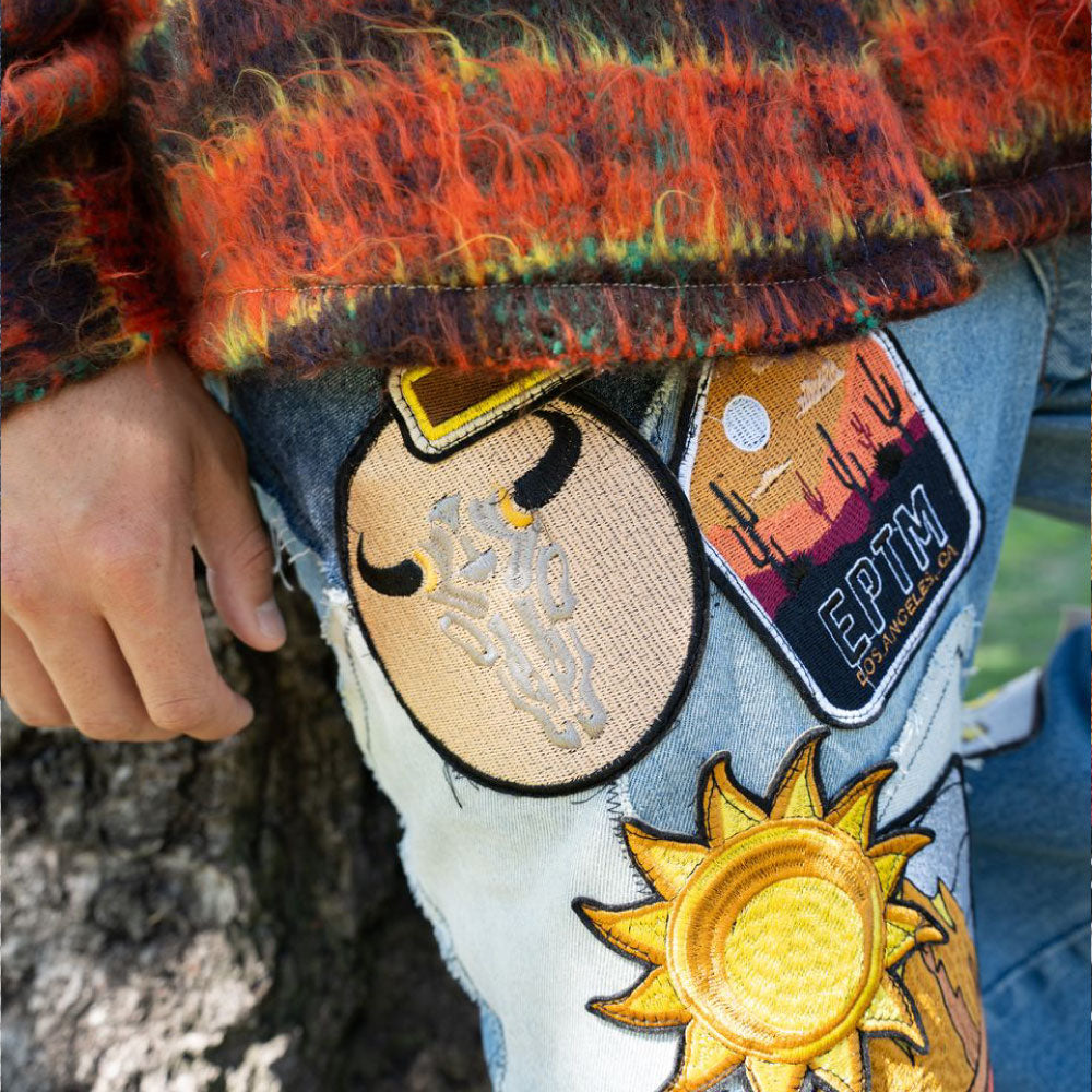 Patchwork Wappen Flare Denim Pants BLU パッチワーク ジーンズ ワッペン カスタム デニム フレア パンツ