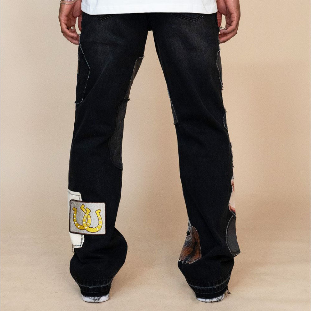Patchwork Wappen Flare Denim Pants BLK パッチワーク ジーンズ ワッペン カスタム デニム フレア パンツ
