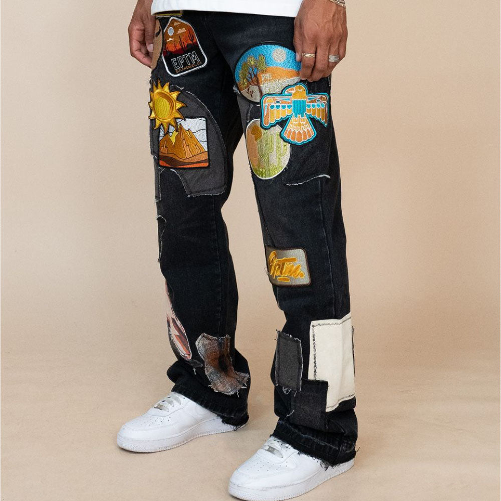 Patchwork Wappen Flare Denim Pants BLK パッチワーク ジーンズ ワッペン カスタム デニム フレア パンツ