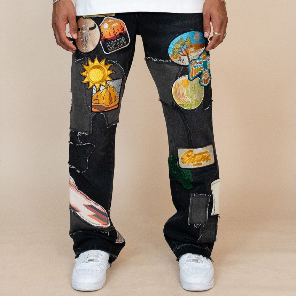 Patchwork Wappen Flare Denim Pants BLK パッチワーク ジーンズ ワッペン カスタム デニム フレア パンツ