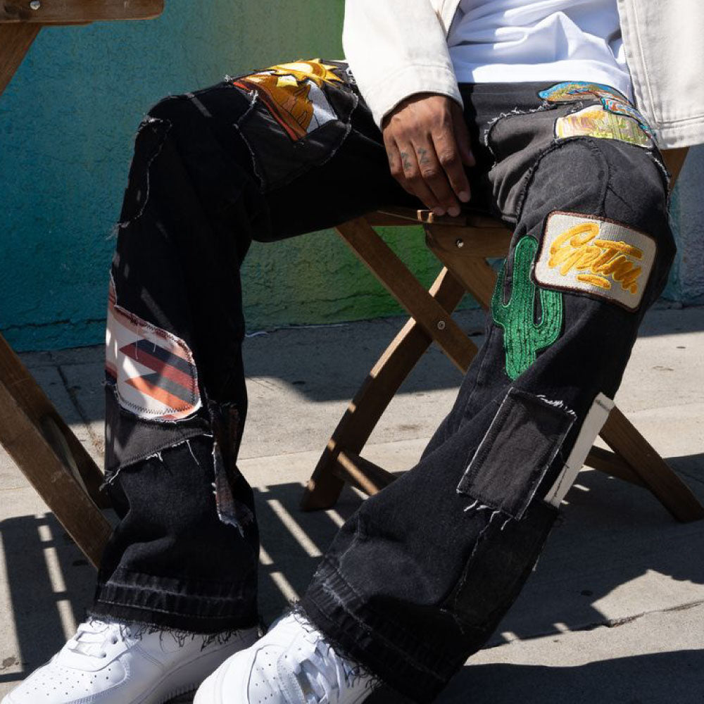 Patchwork Wappen Flare Denim Pants BLK パッチワーク ジーンズ ワッペン カスタム デニム フレア パンツ