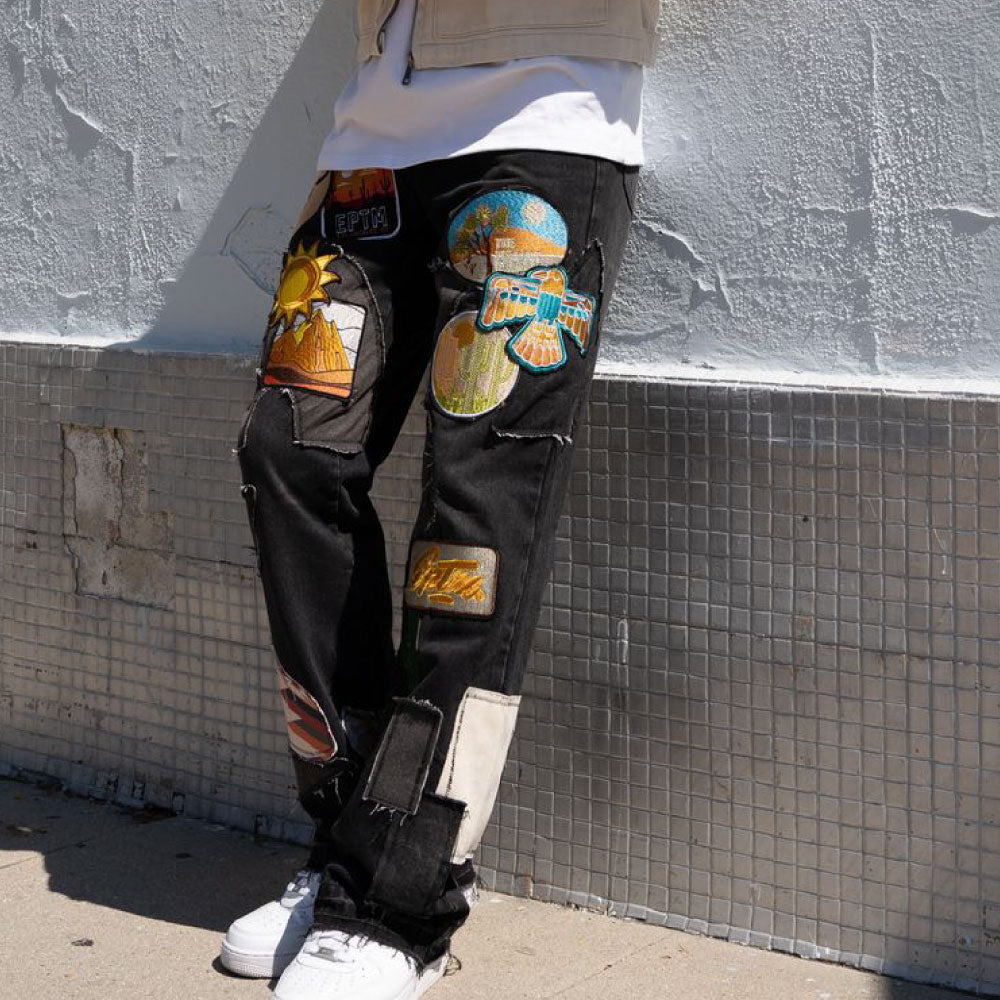 Patchwork Wappen Flare Denim Pants BLK パッチワーク ジーンズ ワッペン カスタム デニム フレア パンツ