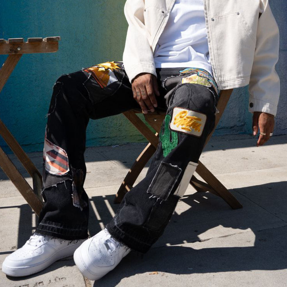 Patchwork Wappen Flare Denim Pants BLK パッチワーク ジーンズ ワッペン カスタム デニム フレア パンツ