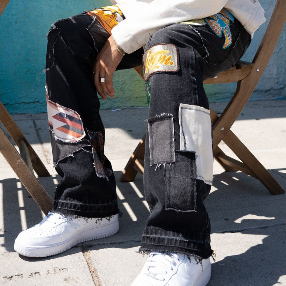Patchwork Wappen Flare Denim Pants BLK パッチワーク ジーンズ ワッペン カスタム デニム フレア パンツ