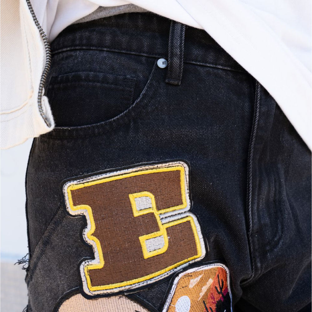 Patchwork Wappen Flare Denim Pants BLK パッチワーク ジーンズ ワッペン カスタム デニム フレア パンツ