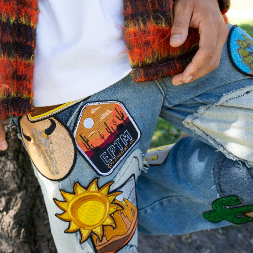 Patchwork Wappen Flare Denim Pants BLU パッチワーク ジーンズ ワッペン カスタム デニム フレア パンツ