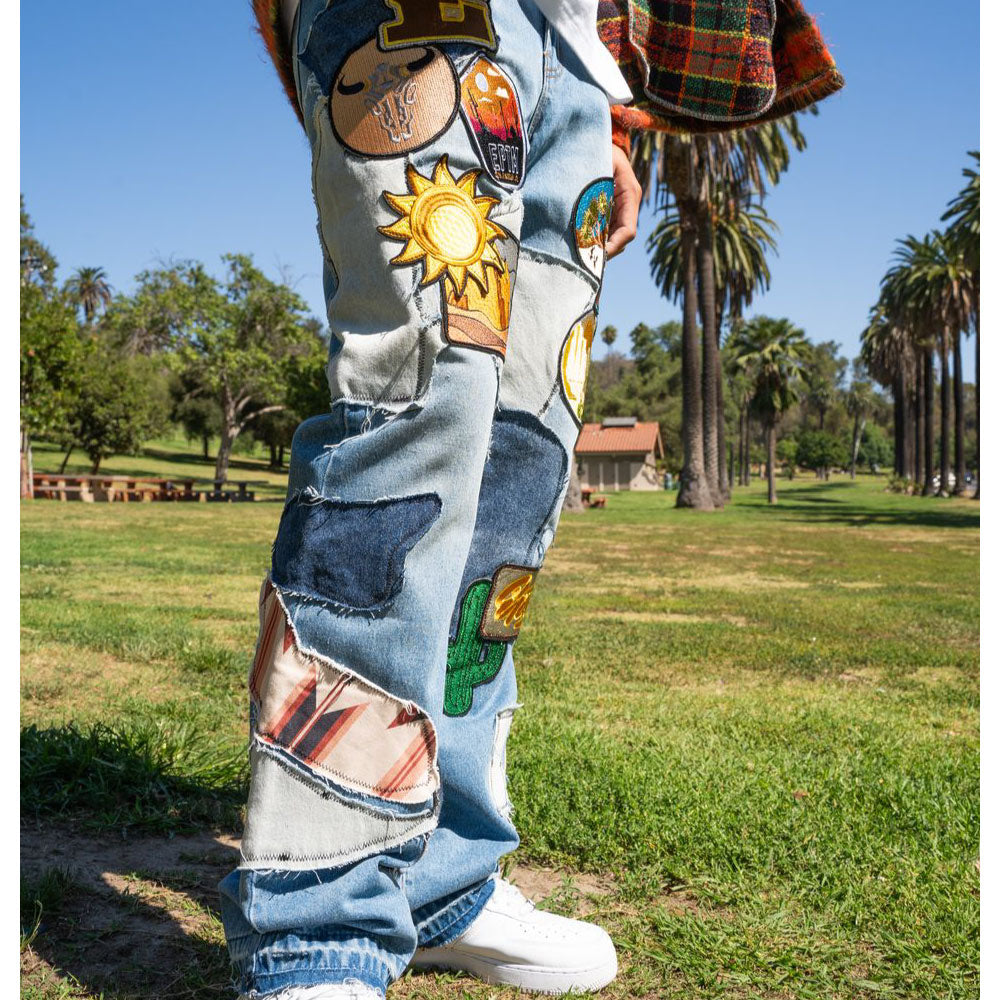 Patchwork Wappen Flare Denim Pants BLU パッチワーク ジーンズ ワッペン カスタム デニム フレア パンツ