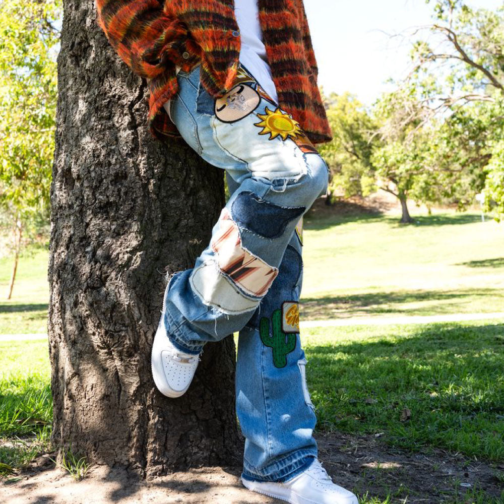 Patchwork Wappen Flare Denim Pants BLU パッチワーク ジーンズ ワッペン カスタム デニム フレア パンツ