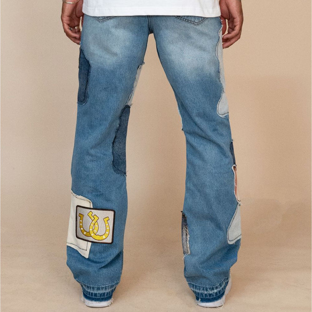 Patchwork Wappen Flare Denim Pants BLU パッチワーク ジーンズ ワッペン カスタム デニム フレア パンツ