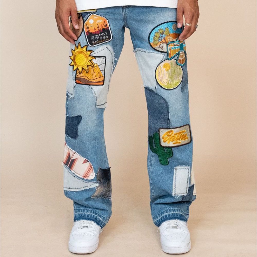 Patchwork Wappen Flare Denim Pants BLU パッチワーク ジーンズ ワッペン カスタム デニム フレア パンツ