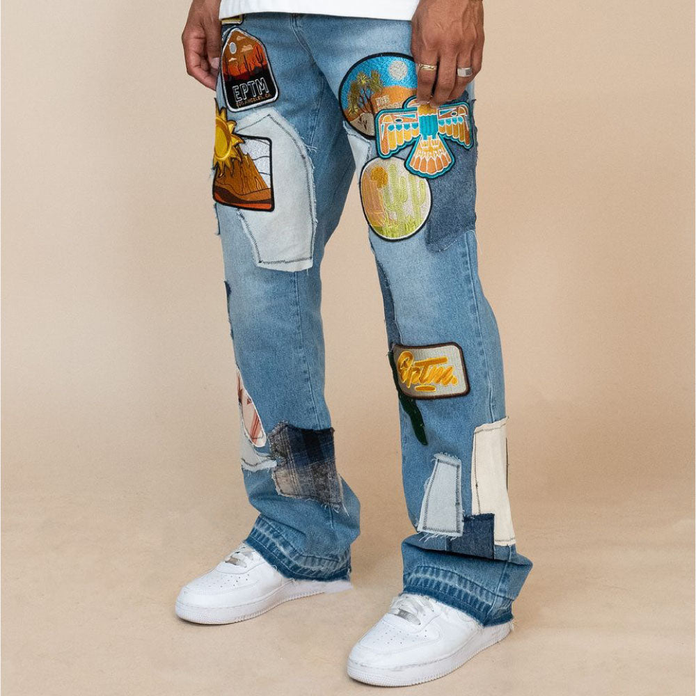 Patchwork Wappen Flare Denim Pants BLU パッチワーク ジーンズ ワッペン カスタム デニム フレア パンツ
