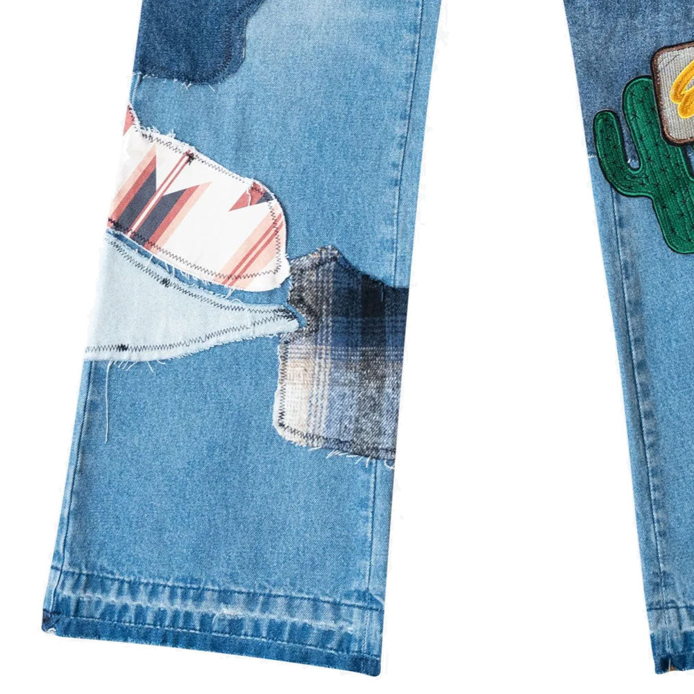 Patchwork Wappen Flare Denim Pants BLU パッチワーク ジーンズ ワッペン カスタム デニム フレア パンツ