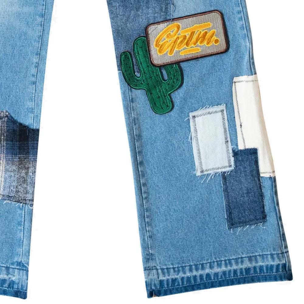Patchwork Wappen Flare Denim Pants BLU パッチワーク ジーンズ ワッペン カスタム デニム フレア パンツ