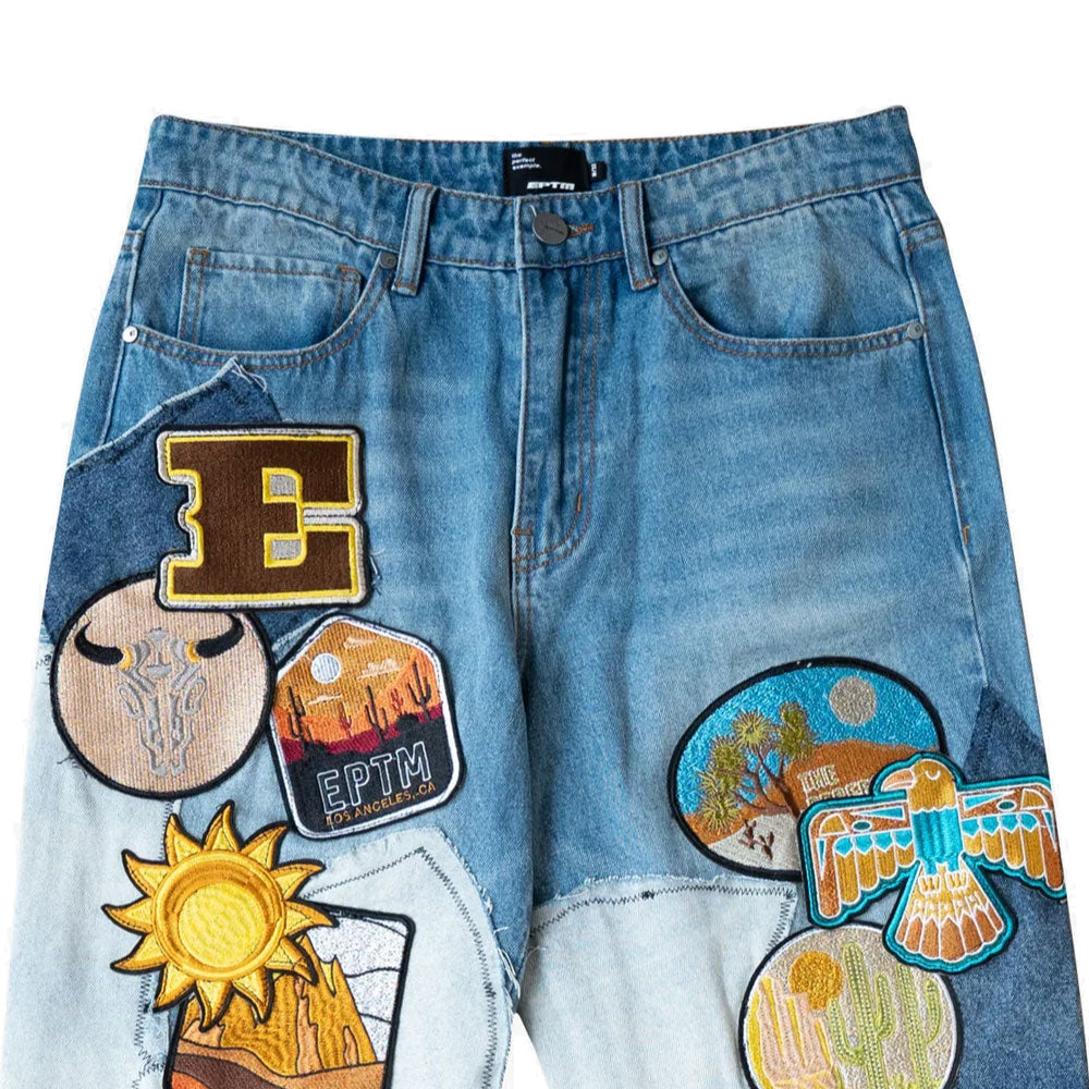 Patchwork Wappen Flare Denim Pants BLU パッチワーク ジーンズ ワッペン カスタム デニム フレア パンツ