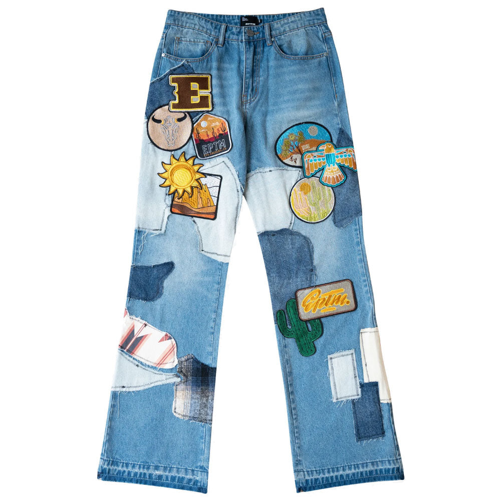 Patchwork Wappen Flare Denim Pants BLU パッチワーク ジーンズ ワッペン カスタム デニム フレア パンツ