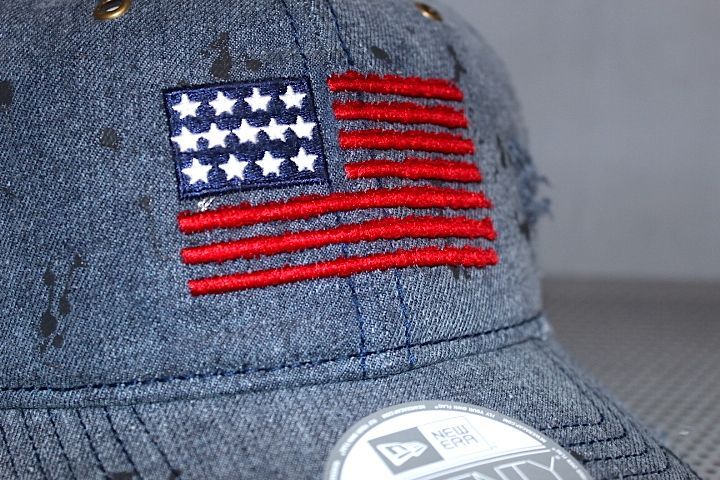 9Twenty Damaged Classic Cap USA Flag Indigo Denim Red Leather Strapback Logo