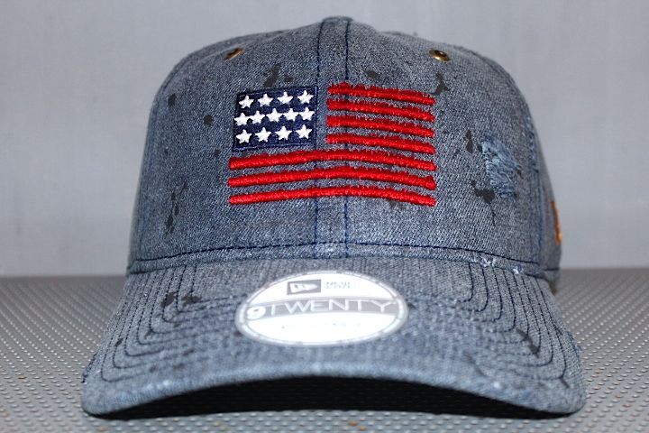 9Twenty Damaged Classic Cap USA Flag Indigo Denim Red Leather Strapback Logo