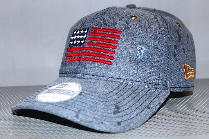 9Twenty Damaged Classic Cap USA Flag Indigo Denim Red Leather Strapback Logo