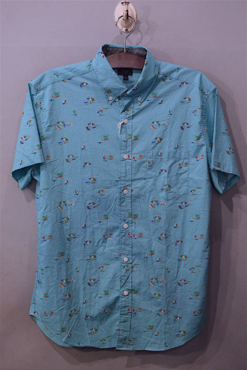 J.Crew (ジェイクルー) S/S Beach Button Down Slim Shirts Teal 総柄 ビーチ マリン ボタンダウン スリム シャツ