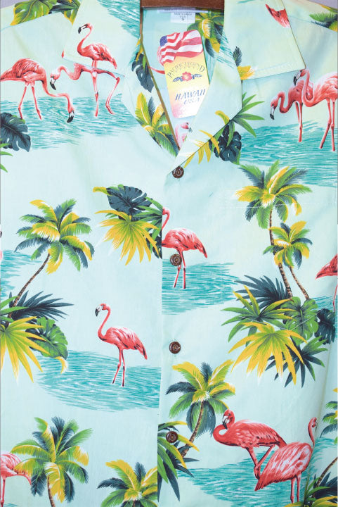 Pacific legend Aloha Shirts Palm & Flamingo Allover Teal パシフィック レジェンド アロハ シャツ フラミンゴ