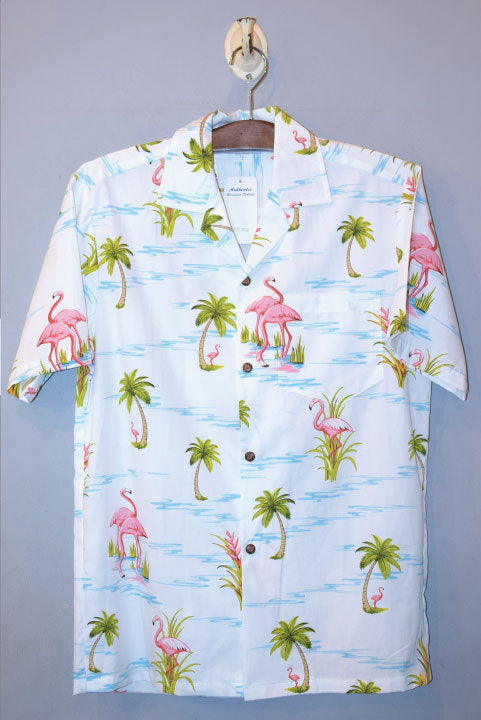 Pacific legend Aloha Shirts Palm & Flamingo Allover White パシフィック レジェンド アロハ シャツ フラミンゴ