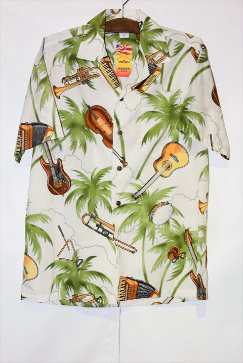 Pacific legend Aloha Shirts Music Guitter Allover White パシフィック レジェンド アロハ シャツ ギター 柄