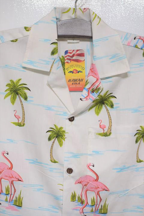 Pacific legend Aloha Shirts Palm & Flamingo Allover White パシフィック レジェンド アロハ シャツ フラミンゴ