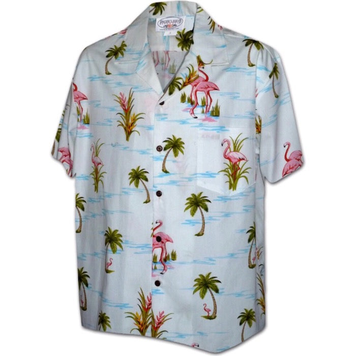 Pacific legend Aloha Shirts Palm & Flamingo Allover White パシフィック レジェンド アロハ シャツ フラミンゴ