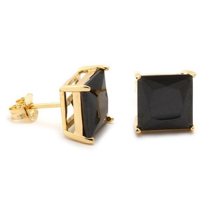 925 Sterling Silver Gold Onyx Clear Princess Cut Stud Pearce ピアス