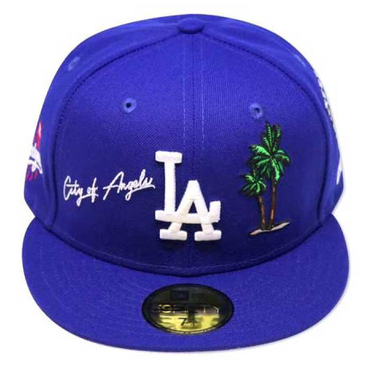 59Fifty Los Angeles Dodgers Cap Dark Royal Blue White ロサンゼルス ドジャース US 全面 刺繍 ヤシの木 デザイン キャップ 帽子 MLB 公式 Official 海外限定