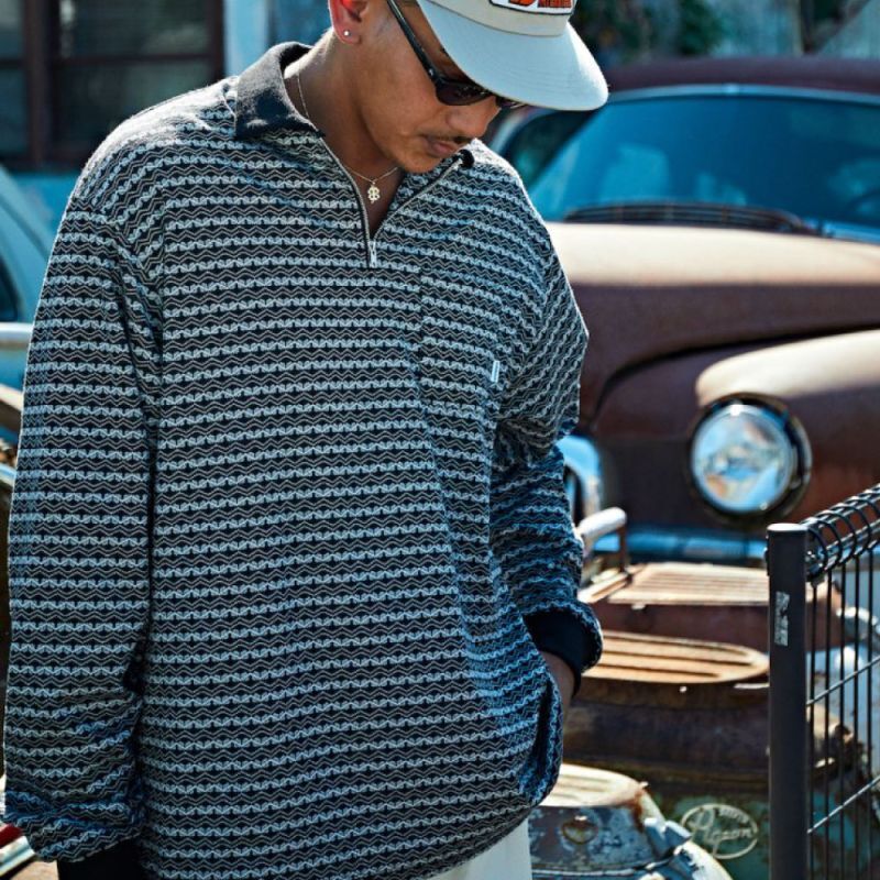 Patterned Half Zip L/S Polo Shirts Oldie Border ハーフ ジップ ポロ シャツ