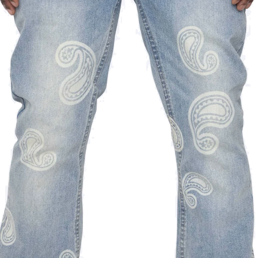 Bleached Paisley Flare Blue Denim Pants ペイズリー デニム フレア パンツ