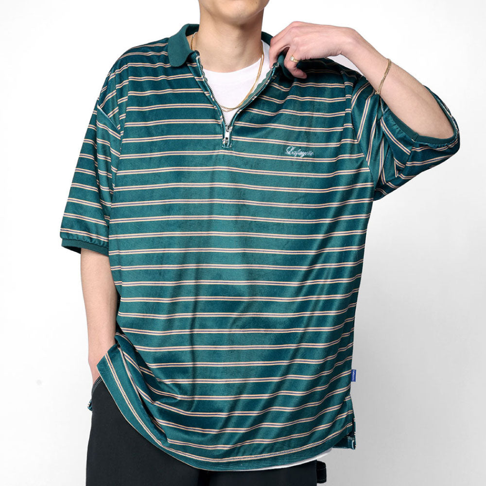 Half Zip Velour S/S Big Shirt GRN 半袖 ハーフ ボーダー ジップ ポロ シャツ