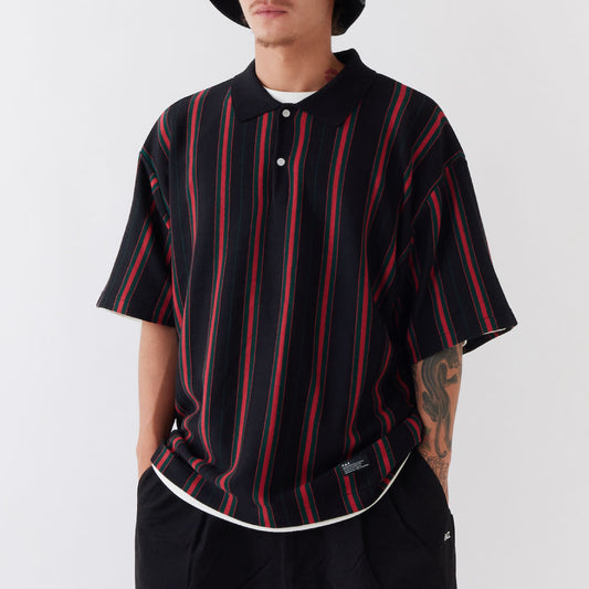 PINGAUGE S/S Knit Polo Shirt BLK 半袖 ストライプ ニット ポロ シャツ